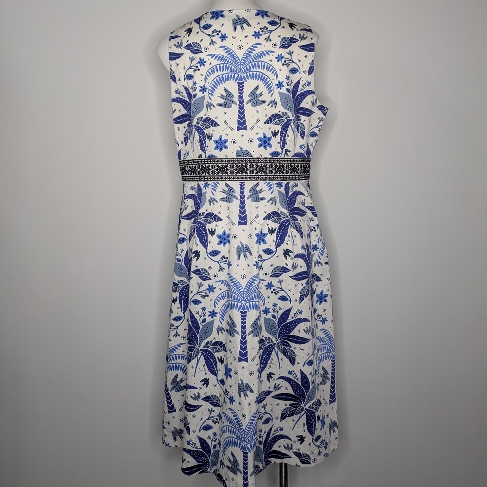 Boden Blue White Floral Bird Palm Tree Sleeveless V Neck Cotton Midi Dress 12 - Picture 7 of 10